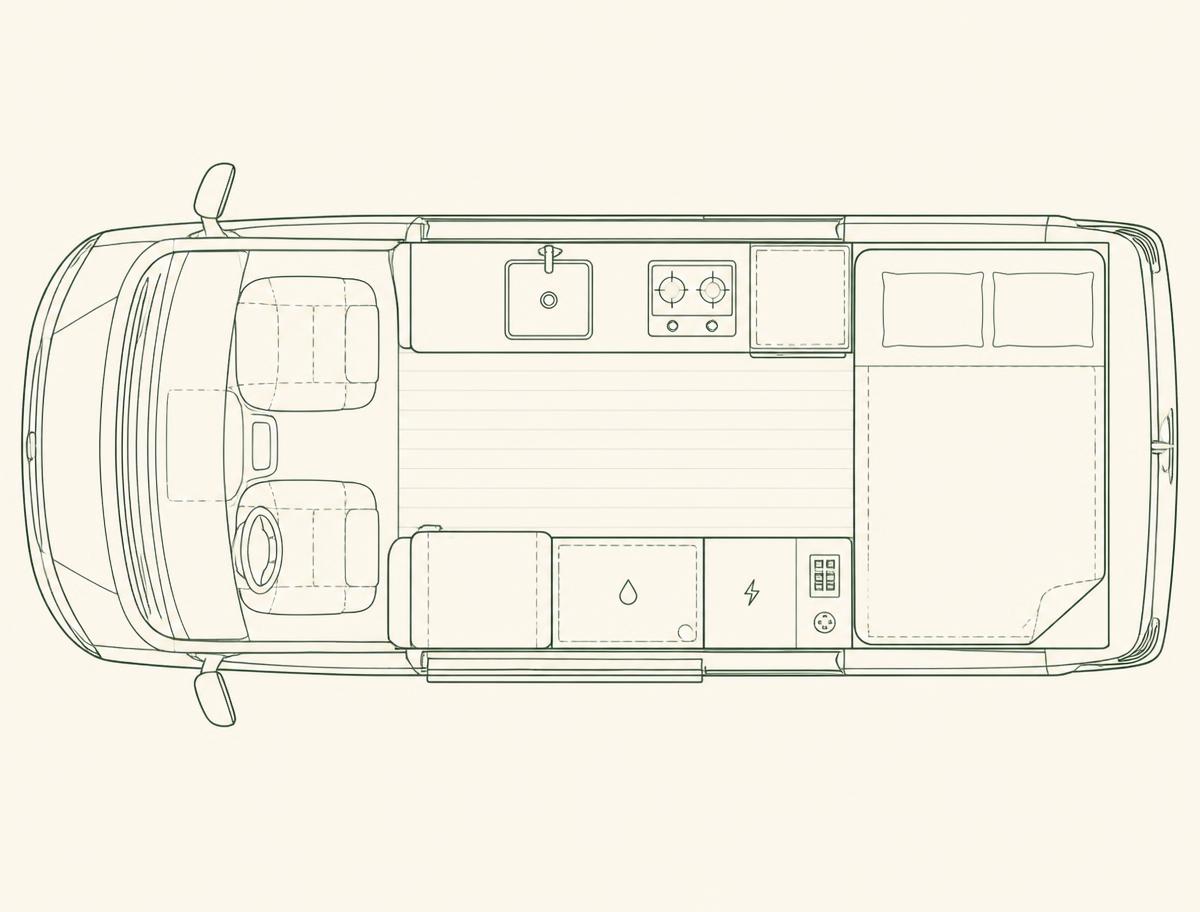 Campervan interior floorplan blueprint drawing