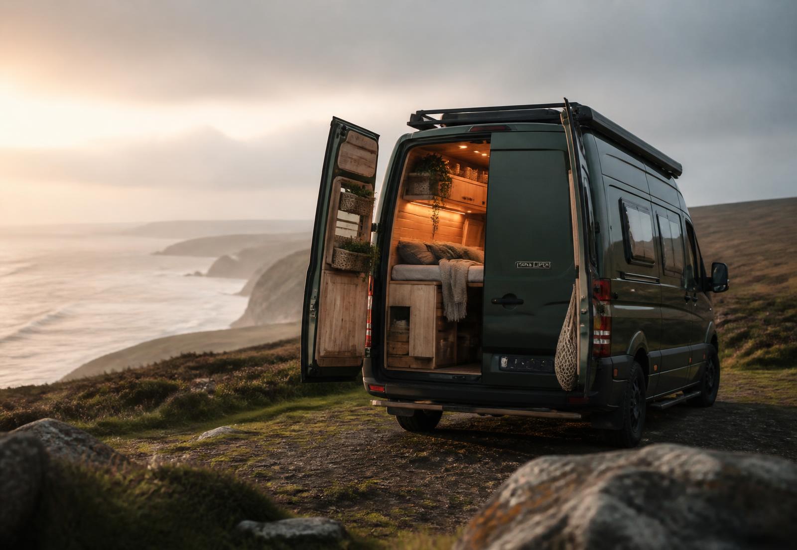 Converted campervan parked on a Cornish clifftop at golden hour